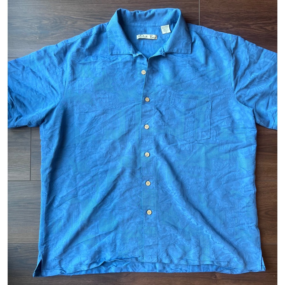 Batik Bay Mens XL Blue Jacquard Tropical Camp Shirt Short Sleeve Rayon Blend